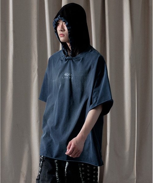 リブ編みフード付きシャツ ブラック LIBERE リベーレ / MESH HOOD T-SHIRT メッシュフードボックスビッグ
