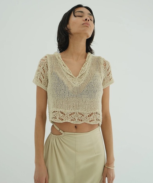 CLANE/クラネ　CROCHET FRILL KNIT TOPS　ベージュ CLANE ニット セーター CLANE/クラネ/ CROPPED CROCHET KNIT