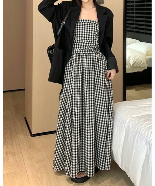 FUNdaysion(ファンデイション)の「ギンガムチェックロングベアフレアワンピース(ワンピース・レディース・ブラック×ホワイト・M)」の14枚目の写真