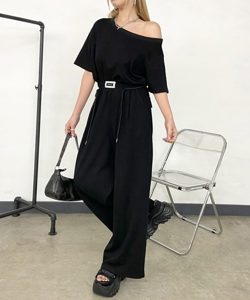 non-hedge（ノンヘッジ）の「オフショルトップスワイドパンツセットアップ（セットアップ・レディース・オートミール/グレー/ブラック・FREE）」の2枚目の写真