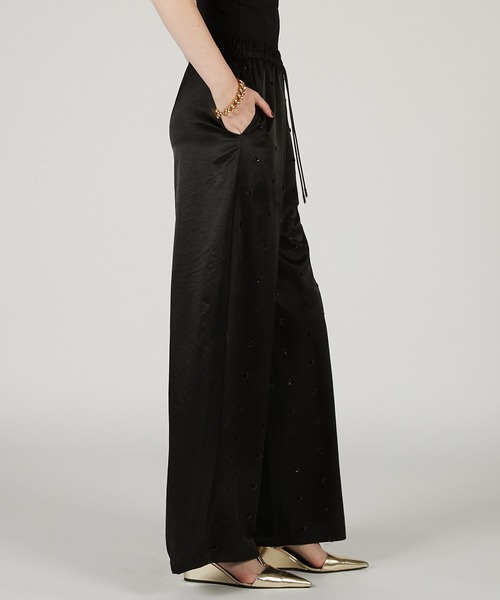 新品y‘s FLOWER PANTS ブラックパンツ フラワービジューサテンイージーパンツ / Flower Beaded Satin