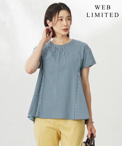 J.PRESS Ladies(J.プレス レディス)の「【WEB限定・洗える】ストライプジャージー フレア カットソー(Tシャツ/カットソー・レディース・パープル系1/ダークグリーン系1/サックスブルー系1・SMALL)」の1枚目の写真