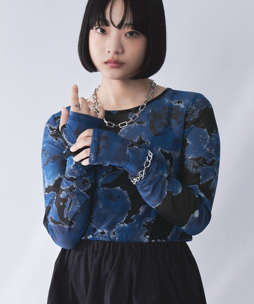 セール】フラワー柄シアートップス（長袖）（Tシャツ/カットソー