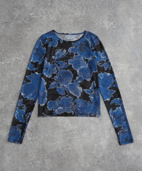 【新品】&エルシー　ドロップフラワートップス セール】フラワー柄シアートップス（長袖）（Tシャツ/カットソー
