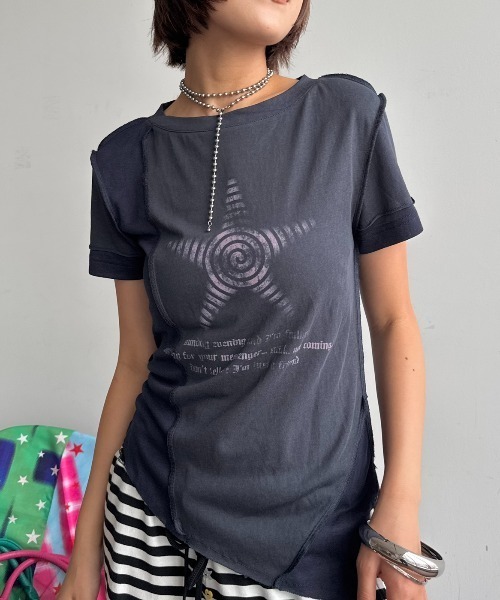SHAGGIE(シャギー)の「切り替えビンテージ風Tシャツ(Tシャツ/カットソー・レディース・ネイビー/ホワイト/レッド・FREE)」の1枚目の写真