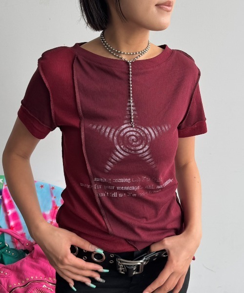 SHAGGIE(シャギー)の「切り替えビンテージ風Tシャツ(Tシャツ/カットソー・レディース・ネイビー/ホワイト/レッド・FREE)」の3枚目の写真