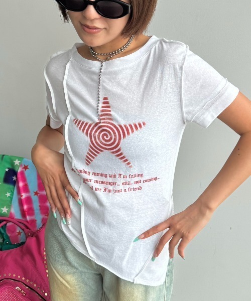 SHAGGIE(シャギー)の「切り替えビンテージ風Tシャツ(Tシャツ/カットソー・レディース・ネイビー/ホワイト/レッド・FREE)」の2枚目の写真