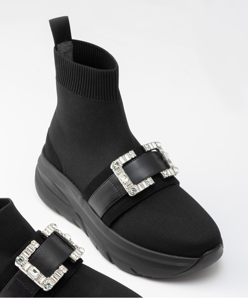 +diana（プラスダイアナ）の「【軽量・撥水加工】クリスタルバックル ニットソックススニーカー（ブーツ・レディース・ブラック・25.5cm/25.0cm/24.5cm/24.0cm/23.5cm/23.0cm/22.5cm/22.0cm/21.5cm）」の8枚目の写真