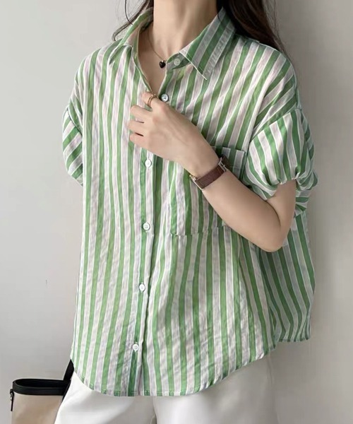 ONEP STAR(ワンピスター)の「ストライプ半袖シャツ(シャツ/ブラウス・レディース・ブラック/グリーン・MEDIUM/LARGE/X-LARGE)」の4枚目の写真