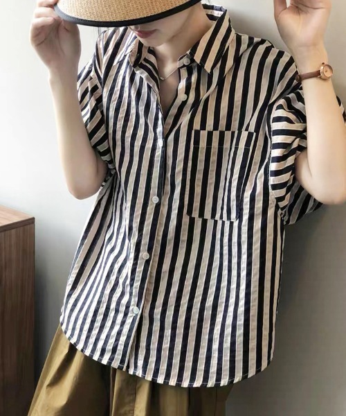 ONEP STAR(ワンピスター)の「ストライプ半袖シャツ(シャツ/ブラウス・レディース・ブラック/グリーン・MEDIUM/LARGE/X-LARGE)」の6枚目の写真