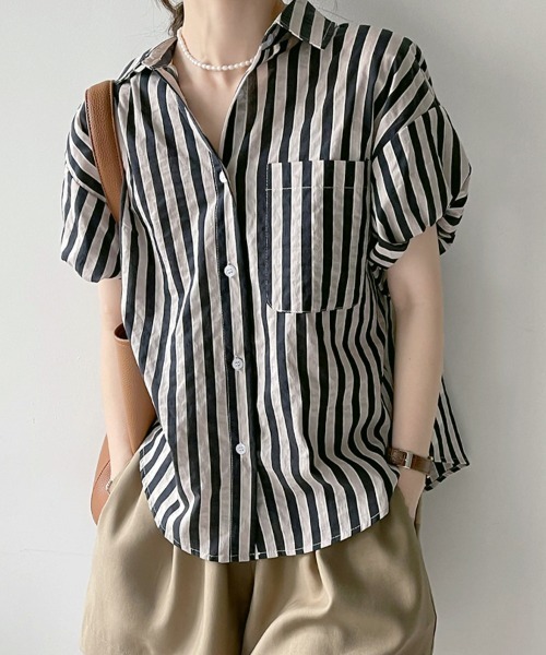 ONEP STAR(ワンピスター)の「ストライプ半袖シャツ(シャツ/ブラウス・レディース・ブラック/グリーン・MEDIUM/LARGE/X-LARGE)」の20枚目の写真