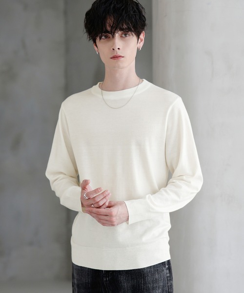 【タグ付き新品未使用】アンゴラタッチアシメネックニット　ホワイト セール】ウォッシャブル/抗ピリング 14Gシープカシミヤタッチクルー