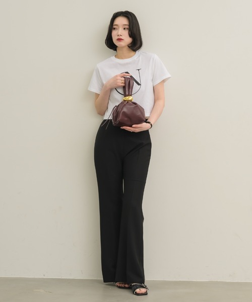 ブラック フレアパンツ スラックス セール】センタープレスワイドフレアパンツ/TRストレッチスーツ地