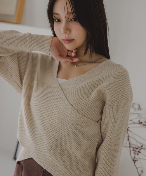 Petitjo（プッチージョ）の「小さいサイズ　綿混クロスニット　低身長さん・小柄女性（ニット/セーター・レディース・キナリ/ダークグリーン/ベージュ・PL/PSS/PS/PM）」の2枚目の写真