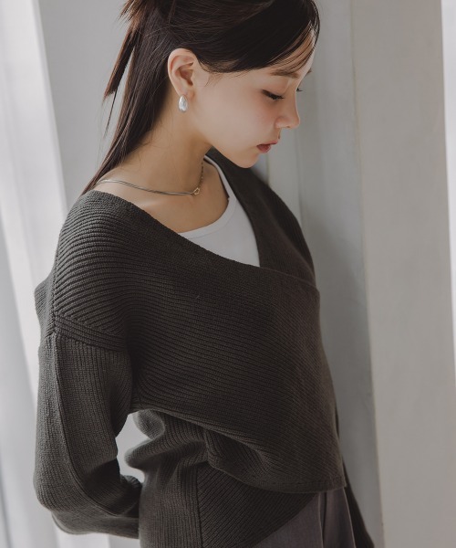 Petitjo（プッチージョ）の「小さいサイズ　綿混クロスニット　低身長さん・小柄女性（ニット/セーター・レディース・キナリ/ダークグリーン/ベージュ・PL/PSS/PS/PM）」の3枚目の写真