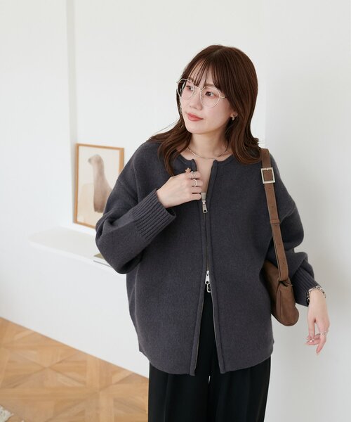 【未使用美品】Discoat ダブルジップニットコート ネイビー 着こなし自由自在】ダブルジップニットコート（その他アウター