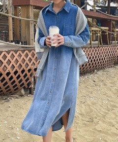 セール】【MAISON BREEZE】ベルト付フラップポケットデニムワンピース