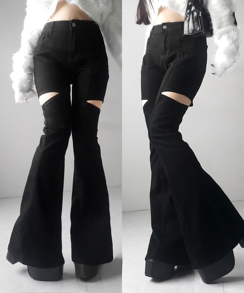 me+em select（ミームセレクト）の「【 ３color ／ ３size 】カットアウトヴィンテージストレッチフレアデニム ／ cutout vintage stretch flare denim（デニムパンツ・レディース・ブラック/ブルー/ダークブラック・SMALL/MEDIUM/LARGE）」の3枚目の写真