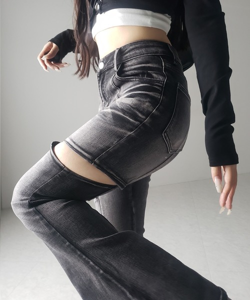 me+em select（ミームセレクト）の「【 ３color ／ ３size 】カットアウトヴィンテージストレッチフレアデニム ／ cutout vintage stretch flare denim（デニムパンツ・レディース・ブラック/ブルー/ダークブラック・SMALL/MEDIUM/LARGE）」の4枚目の写真