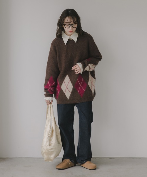 210nouve（トゥージュヌーブ）の「アーガイル ルーズ シャギー ニット（ニット/セーター・レディース・ブラウン/ネイビー/チャコールグレー・FREE）」の21枚目の写真