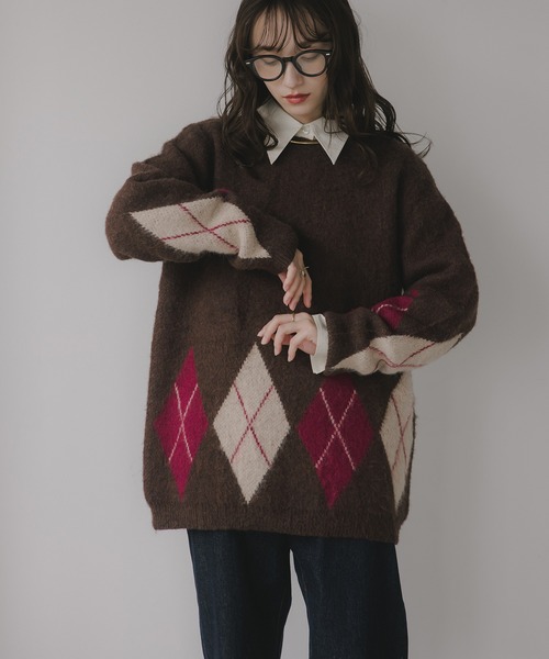 210nouve（トゥージュヌーブ）の「アーガイル ルーズ シャギー ニット（ニット/セーター・レディース・ブラウン/ネイビー/チャコールグレー・FREE）」の12枚目の写真