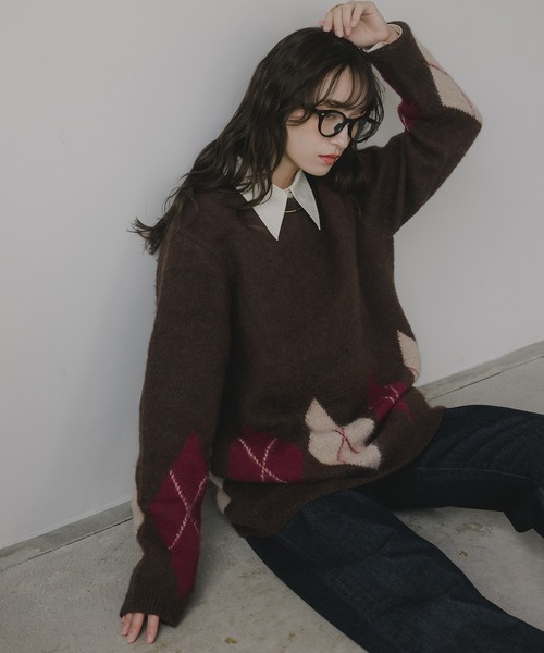 210nouve（トゥージュヌーブ）の「アーガイル ルーズ シャギー ニット（ニット/セーター・レディース・ブラウン/ネイビー/チャコールグレー・FREE）」の22枚目の写真