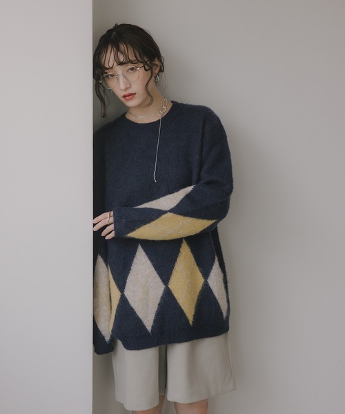 210nouve（トゥージュヌーブ）の「アーガイル ルーズ シャギー ニット（ニット/セーター・レディース・ブラウン/ネイビー/チャコールグレー・FREE）」の16枚目の写真