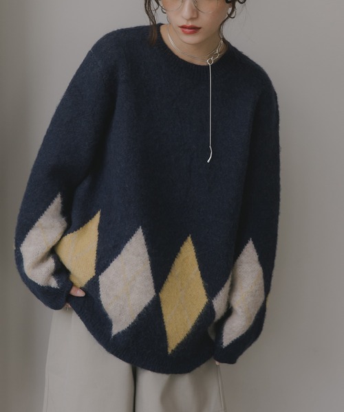 210nouve（トゥージュヌーブ）の「アーガイル ルーズ シャギー ニット（ニット/セーター・レディース・ブラウン/ネイビー/チャコールグレー・FREE）」の5枚目の写真