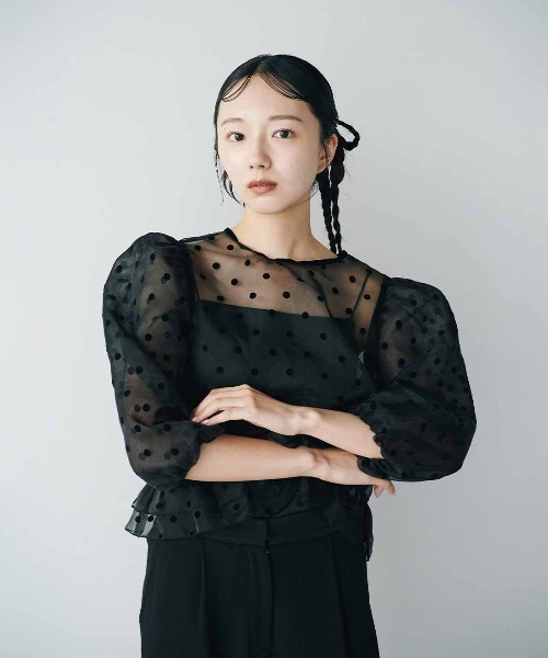 MEDE19F（メデジュウキュウ）の「ＭＥＤＥ１９Ｆ　フロッキードットオーガンジートップス〈ブラック〉（シャツ/ブラウス・レディース・ブラック・LL/M）」の6枚目の写真