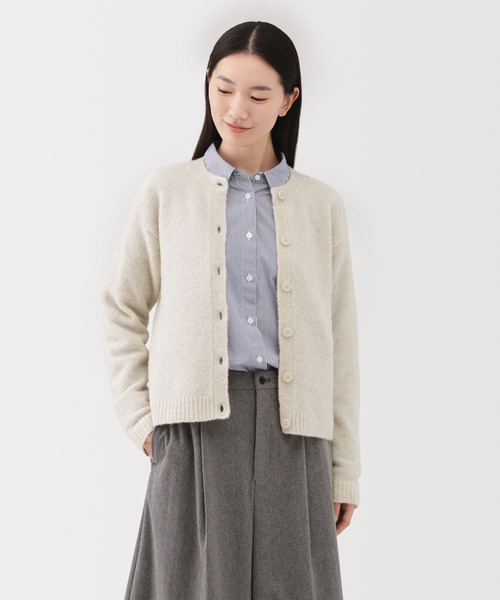 セール】婦人 ウール混ブークレクルーネックカーディガン