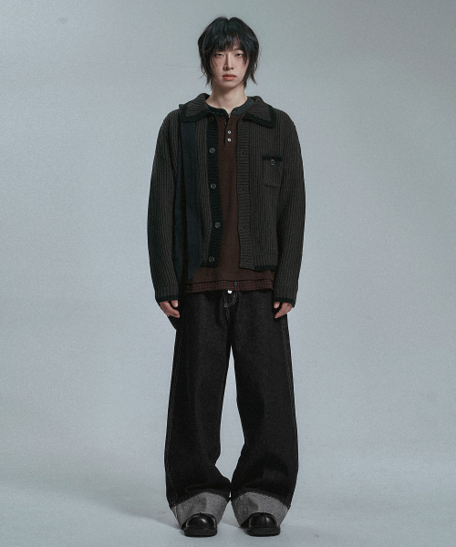 MOO(エムオーオー)の「コントラストカラー ニットカーディガン - ブラウン(ニット/セーター・メンズ・ブラウン・MEDIUM/LARGE)」の2枚目の写真