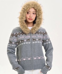 CANVAS+（キャンバスプラス）の「【CANVAS＋】ファー付きノルディック柄ニットパーカー（パーカー）」