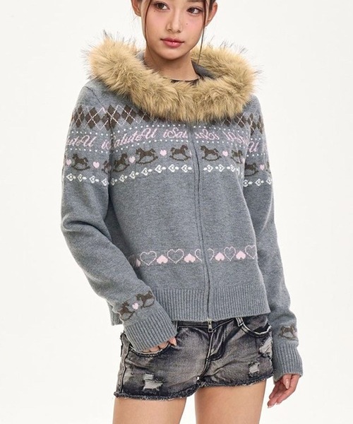 セール】【CANVAS＋】ファー付きノルディック柄ニットパーカー