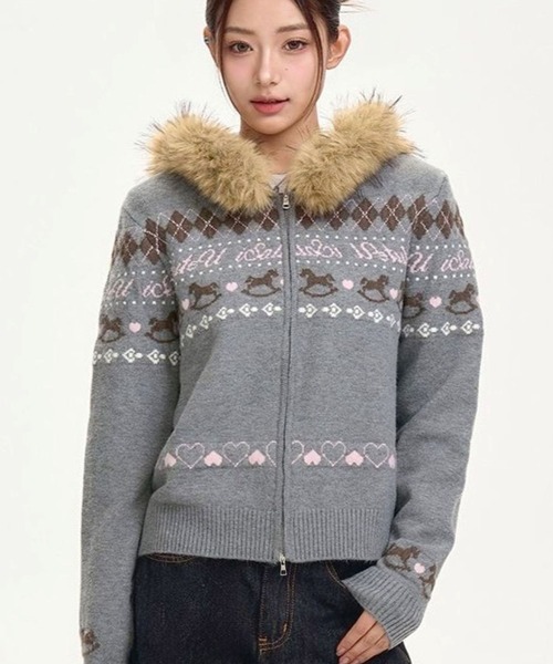 セール】【CANVAS＋】ファー付きノルディック柄ニットパーカー