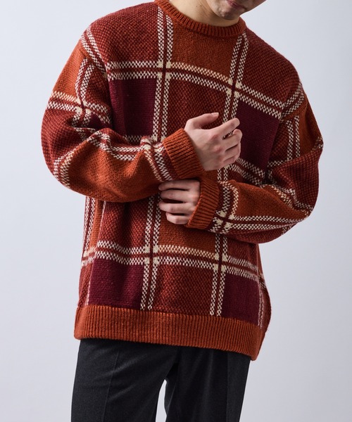 le cercle ADAM ET ROPE'（ルセルクルアダムエロペ）の「チェック柄ニットプルオーバー（ニット/セーター・メンズ・ベージュ/オレンジ・M/L/LL）」の19枚目の写真