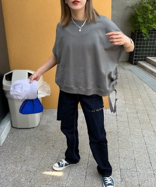 merrylatte（メリーラテ）の「セルフカットハイウエストワイドストレートデニムpt【ウエスト総ゴム】【Primaras】（デニムパンツ・レディース・ネイビー/ブルー・S/M）」の4枚目の写真