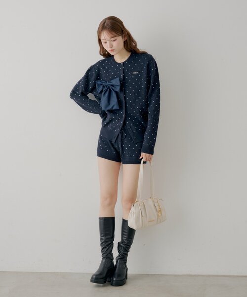 Chico リボンルーズカーディガン　ネイビー　ドット セットアップ対応】リボンルーズカーディガン（カーディガン/ボレロ