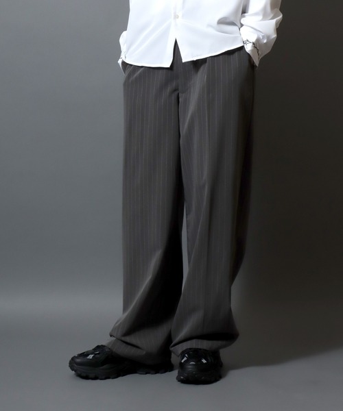 ANPAS(アンパス)の「Stripe & Check Slacks / ストライプ&チェックスラックス ワイドトラウザーパンツ メンズ レディース ボトムス(スラックス・メンズ・グレー/ブラック系その他/ブラック/ブラウン系その他・L/M)」の1枚目の写真