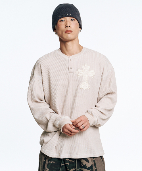 クロスワッフルヘンリーネックロングスリーブ-クリーム（Tシャツ