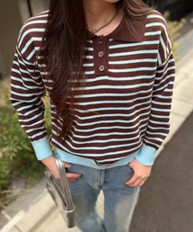 mebole（メボレ）の「チョコミントボーダーポロニット（Tシャツ/カットソー）」