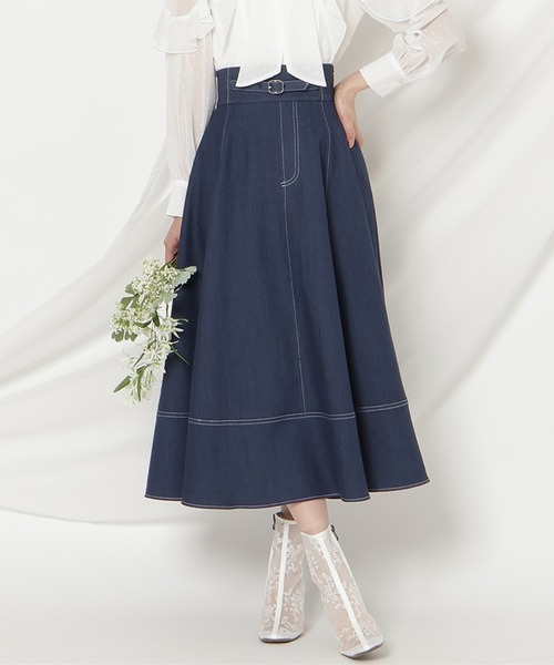 WILLSELECTION(ウィルセレクション)の「ベルトデザインフレアスカート/Belt-Design Flared Skirt(デニムスカート・レディース・ブラック/ネイビー・FREE)」の1枚目の写真