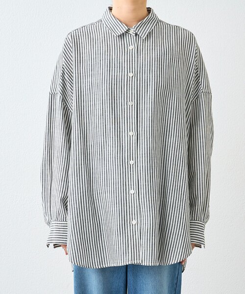 RIVE DROITE（リヴドロワ）の「【女性らしい抜け感】リネン混ストライプシャツ（シャツ/ブラウス・レディース・ブラック/ライトベージュ・FREE）」の8枚目の写真