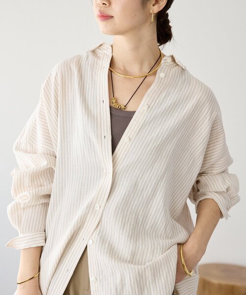 RIVE DROITE（リヴドロワ）の「【女性らしい抜け感】リネン混ストライプシャツ（シャツ/ブラウス・レディース・ブラック/ライトベージュ・FREE）」の14枚目の写真