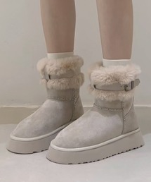 ムートン調 ファー ベルト付 厚底 ブーツ