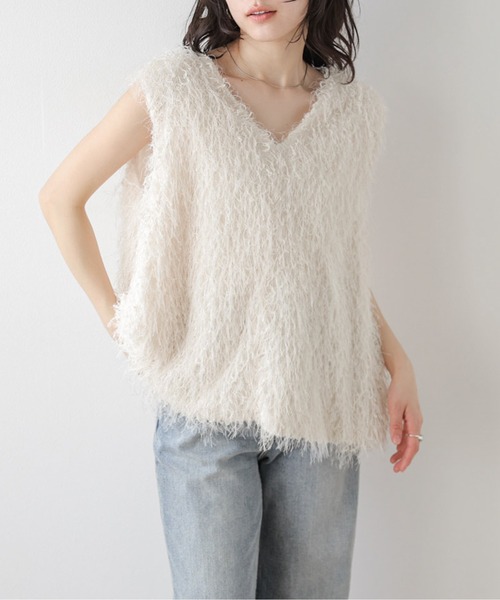 CURA CLOSET(キュラ クローゼット)の「前後2WAYフリンジベスト(ベスト・レディース・ブラック/アイボリー・フリー)」の1枚目の写真