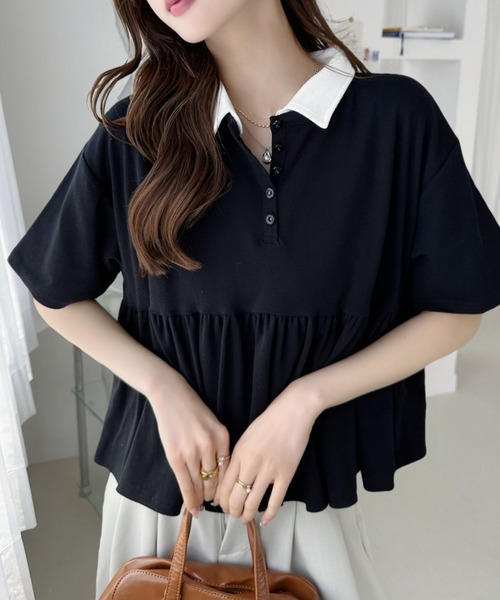 Ada.(エイダ)の「配色カラー ペプラム 半袖 トップス(Tシャツ/カットソー・レディース・アイボリー/ブラック/オートミール・FREE)」の1枚目の写真