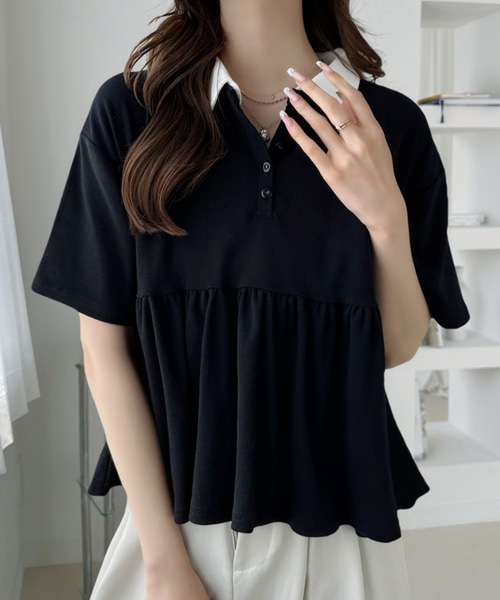Ada.(エイダ)の「配色カラー ペプラム 半袖 トップス(Tシャツ/カットソー・レディース・アイボリー/ブラック/オートミール・FREE)」の4枚目の写真