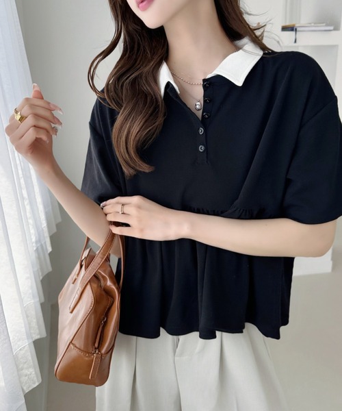 Ada.(エイダ)の「配色カラー ペプラム 半袖 トップス(Tシャツ/カットソー・レディース・アイボリー/ブラック/オートミール・FREE)」の5枚目の写真
