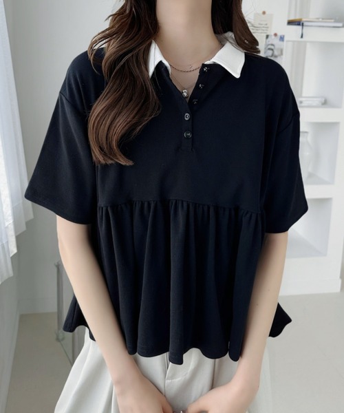Ada.(エイダ)の「配色カラー ペプラム 半袖 トップス(Tシャツ/カットソー・レディース・アイボリー/ブラック/オートミール・FREE)」の7枚目の写真