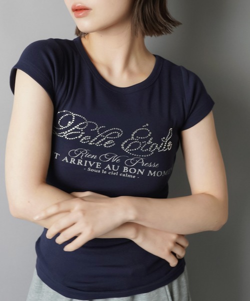 SPINNS(スピンズ)の「半袖ピタTシャツ/ラインストーンロゴ(Tシャツ/カットソー・レディース・オフホワイト/ブラック/サックスブルー/ネイビー・ONESIZE)」の6枚目の写真